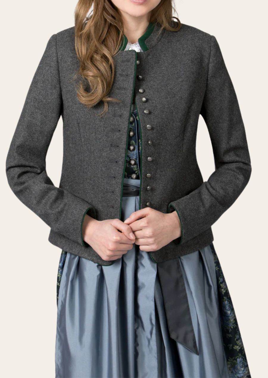 Women’s dark gray jacket with green piping, silver buttons, and long sleeves