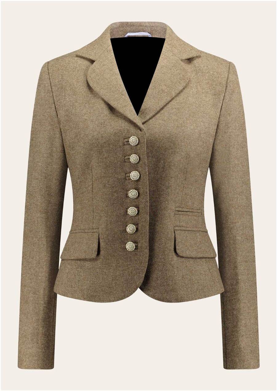Women's loden traditional jacket, tan, notched lapel, decorative button placket, flap pockets