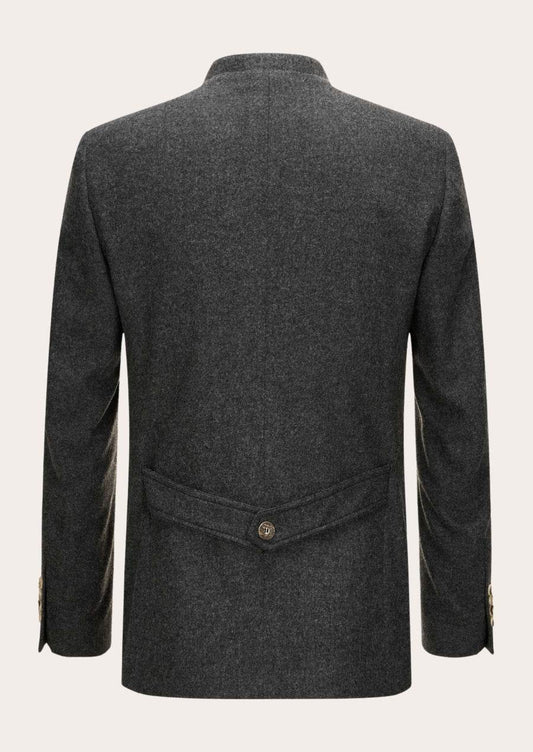 Men's dark gray traditional-style felt jacket, back view with waist pocket seam