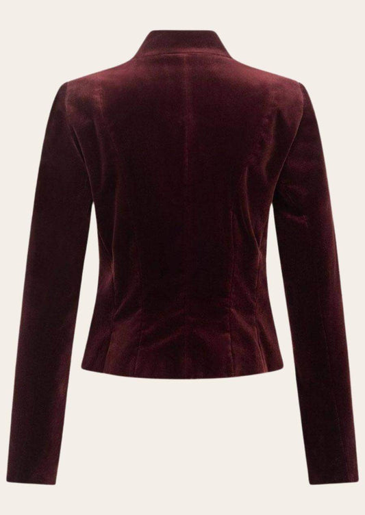 Women’s dirndl jacket, burgundy velvet-look with stand collar, long sleeves, back view