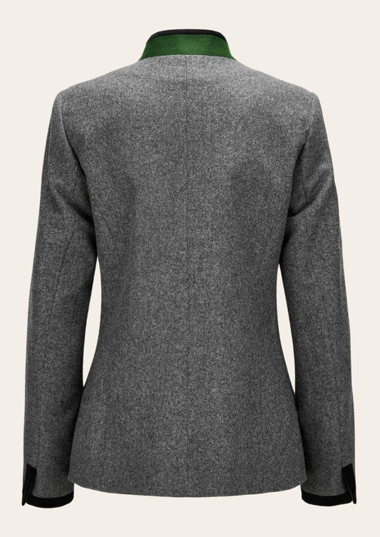 Women's gray wool felt jacket back with green collar and black button placket trim