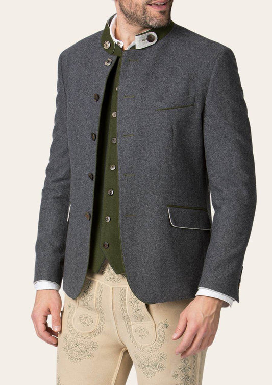 Men's stand-collar jacket in dark gray with contrast trim, button front, chest pocket