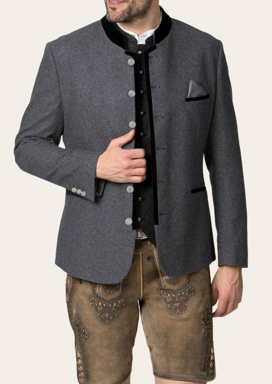 Men's alpine-style jacket, gray wool look, black front placket, gold buttons, pocket square