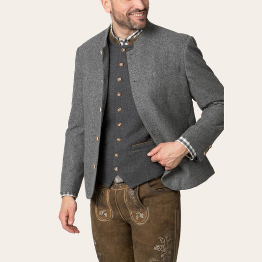 Men's gray traditional jacket, gold-button front and welt pockets, with plaid cuff trim