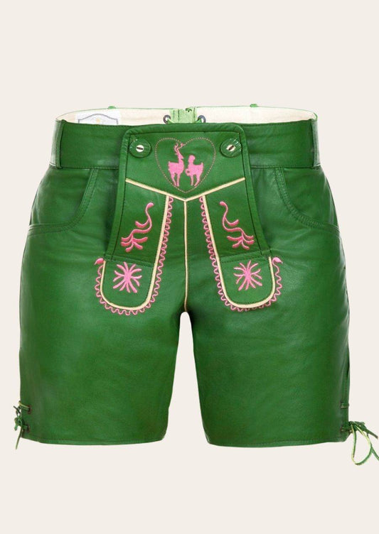 Damen Trachtenlederhose kurz dunkelbraun mit Edelweißmotiv - Lederhose Herren