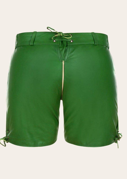 Women’s green leather shorts with drawstring waistband and side tie details