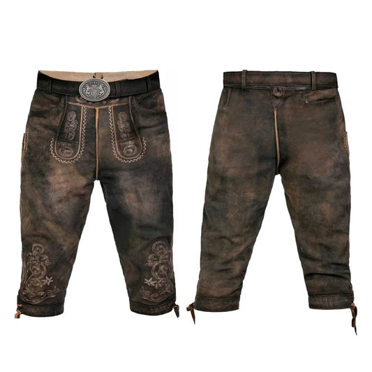 Men's dark brown alpine knee shorts, front and back view, with decorative embroidery