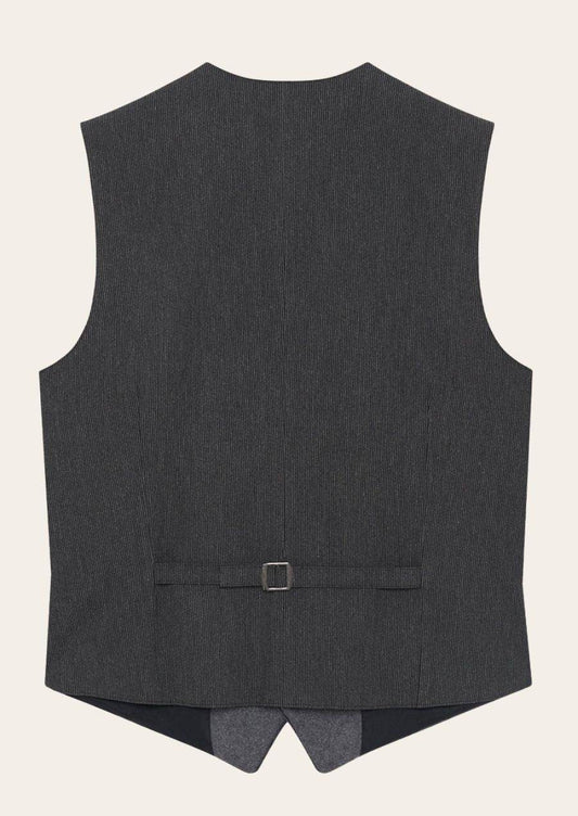 Men's linen waistcoat, dark charcoal gray back with belt buckle and tailored waist shaping
