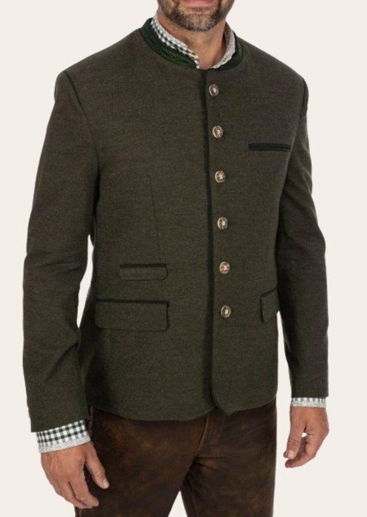 Classic men's traditional jacket, dark green, button front, check-trim cuffs and collar