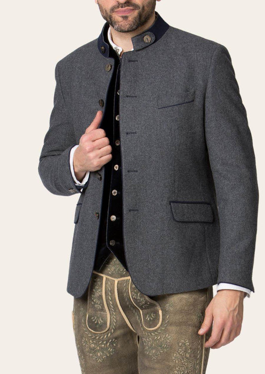 Men's gray jacket front view with stand collar, brown buttons, flap pocket detail