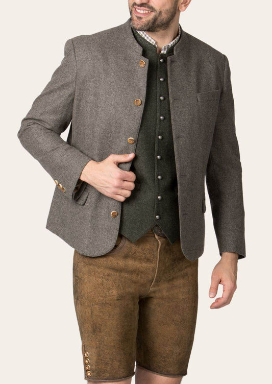 Grey wool traditional jacket with dark stand collar, brass buttons, and side pockets