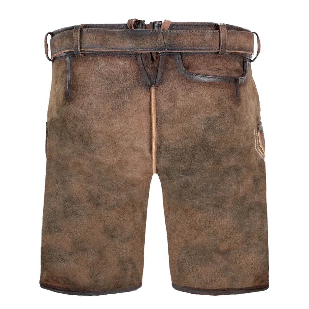 Brown leather lederhosen with waistband, belt buckle and center seam