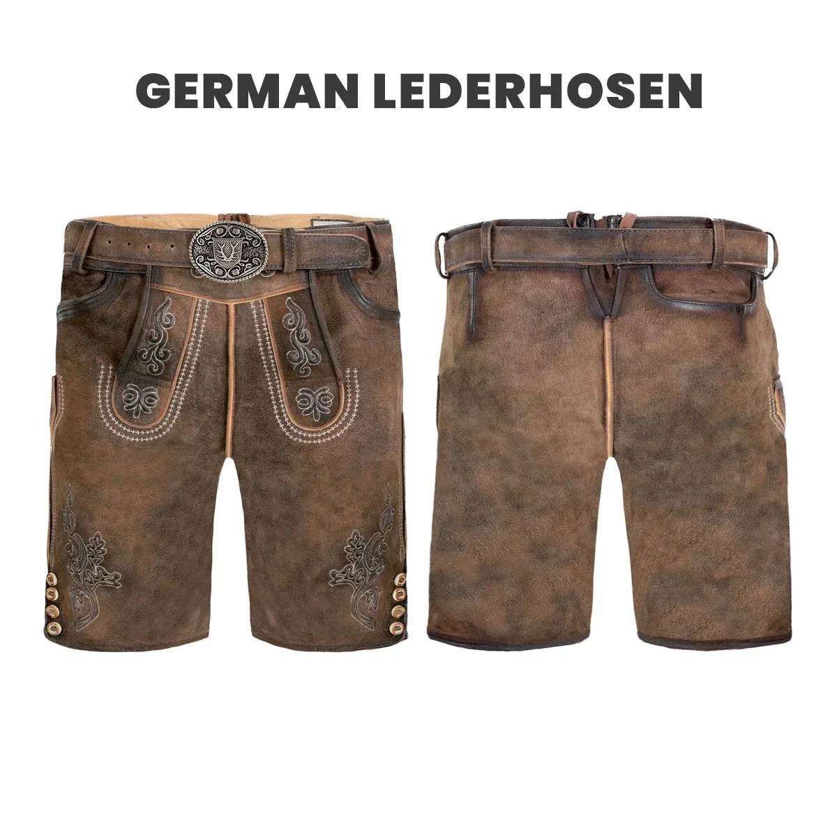 Brown leather lederhosen side view with belt loops and center fly seam
