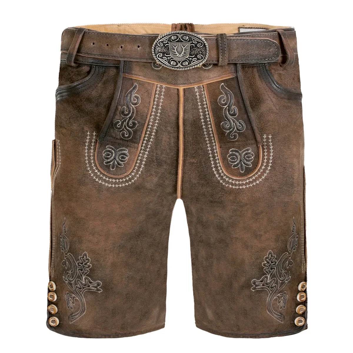 Brown leather lederhosen with front embroidery, belt buckle and decorative trim