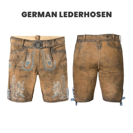 Men's brown lederhosen with blue Bavarian embroidery; front and back shown