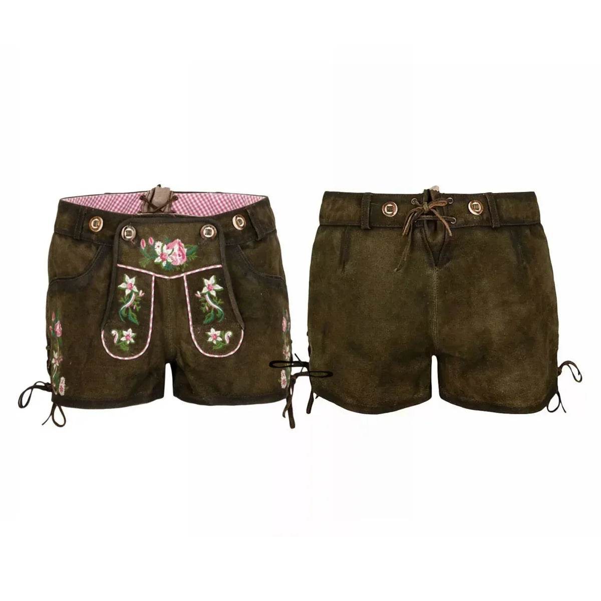 Kurze Trachtenhose Damen dunkelbraun mit Zierschnürung - Lederhose Herren