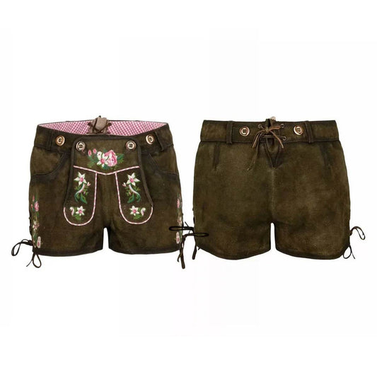Women’s traditional dark-brown lederhosen shorts with floral embroidery, front and back views