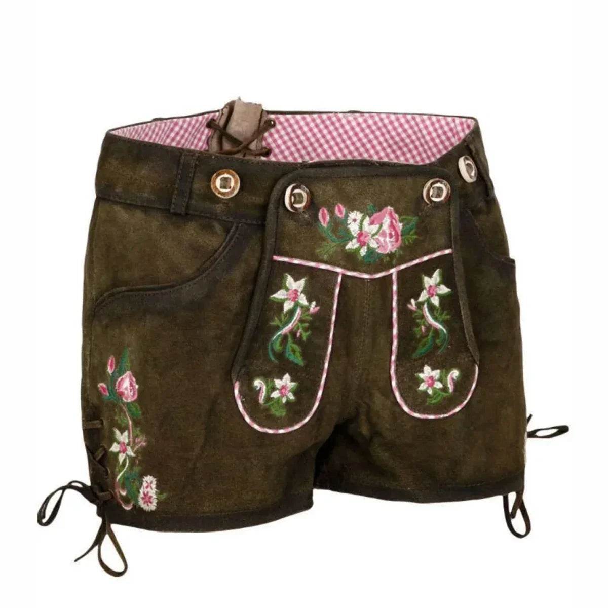 Kurze Trachtenhose Damen dunkelbraun mit Zierschnürung - Lederhose Herren