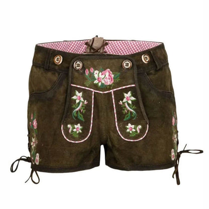 Kurze Trachtenhose Damen dunkelbraun mit Zierschnürung - Lederhose Herren