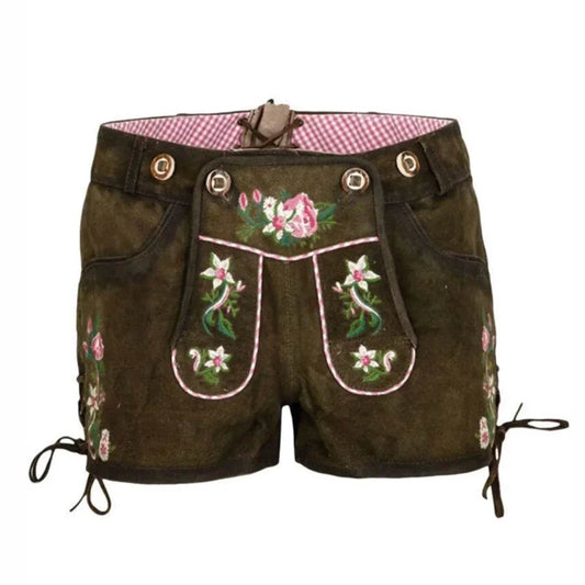 Kurze Trachtenhose Damen dunkelbraun mit Zierschnürung - Lederhose Herren