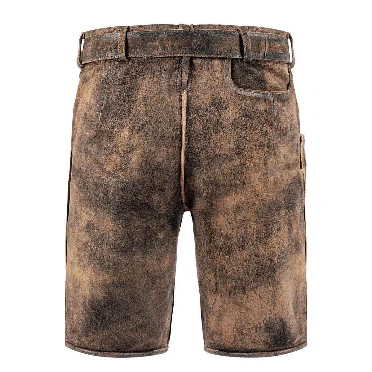 Men's dark brown leather lederhosen, back view with stitched seams and waistband