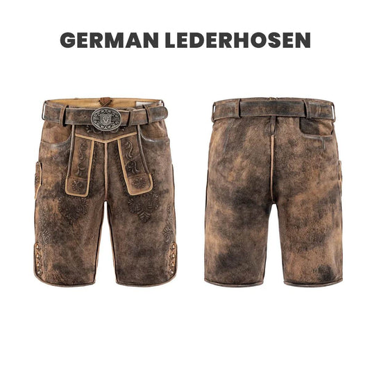 Men's dark brown leather lederhosen, front and back views with decorative stitching