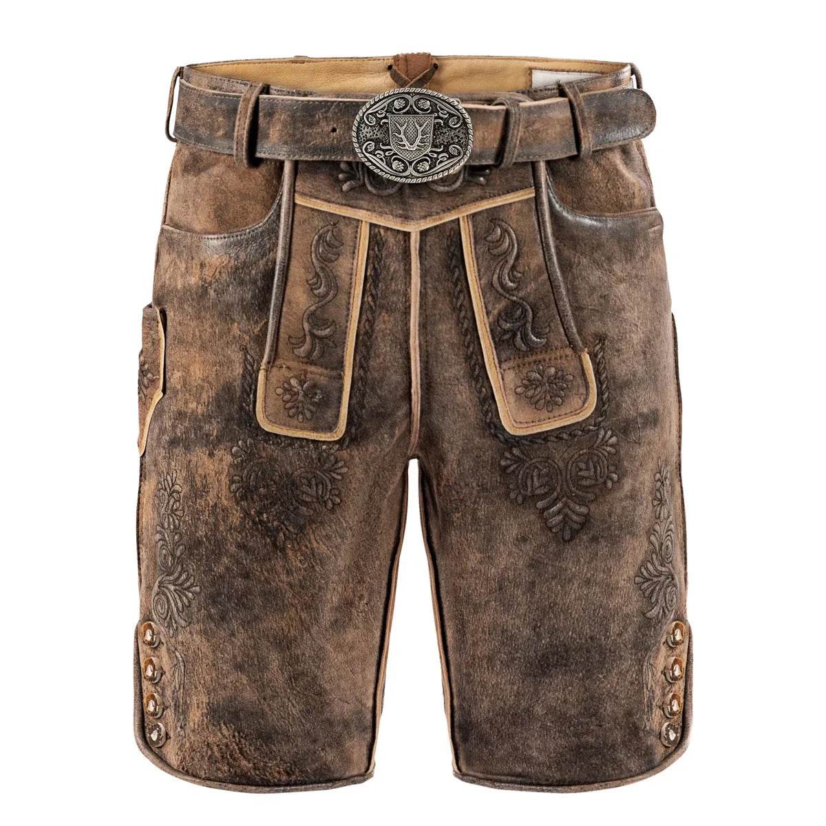 Men's dark brown leather lederhosen with ornate front panels and belt buckle