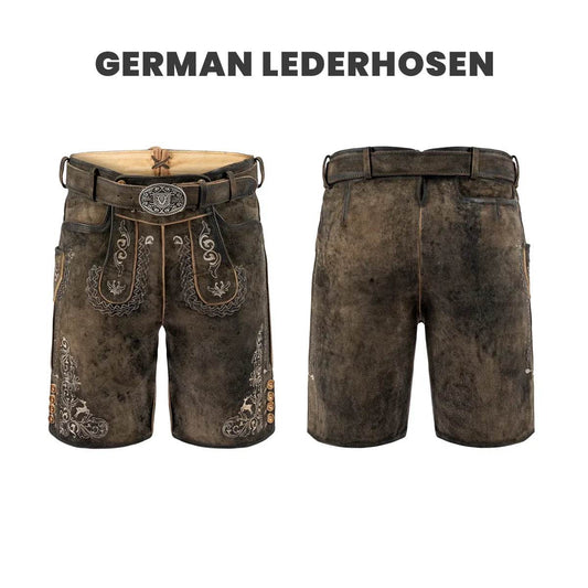 Men's dark leather shorts, front and back view, embroidered decorative trim