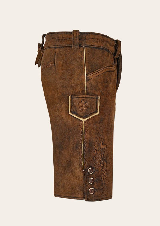 Dark brown leather lederhosen with embroidered vertical fly and front pocket patch