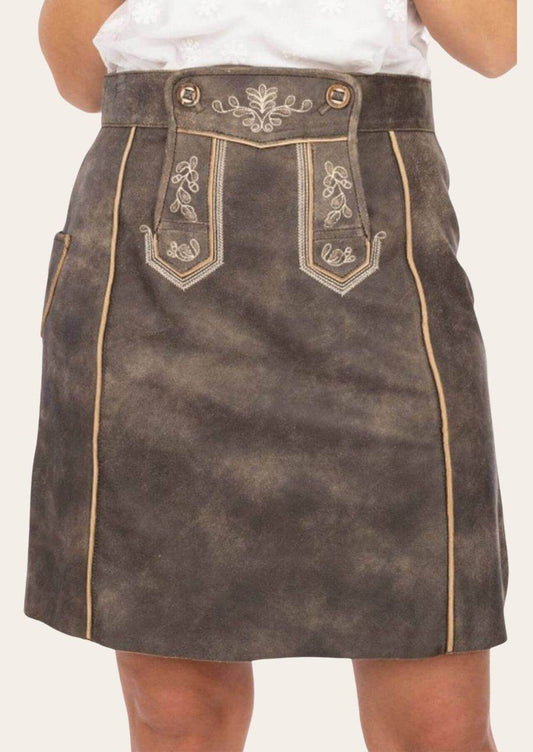 Dark leather dirndl skirt with embroidered waistband detail and gold piping