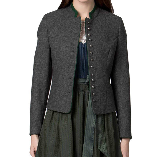 Women's dirndl jacket in dark charcoal with green trim, front button row, long sleeves