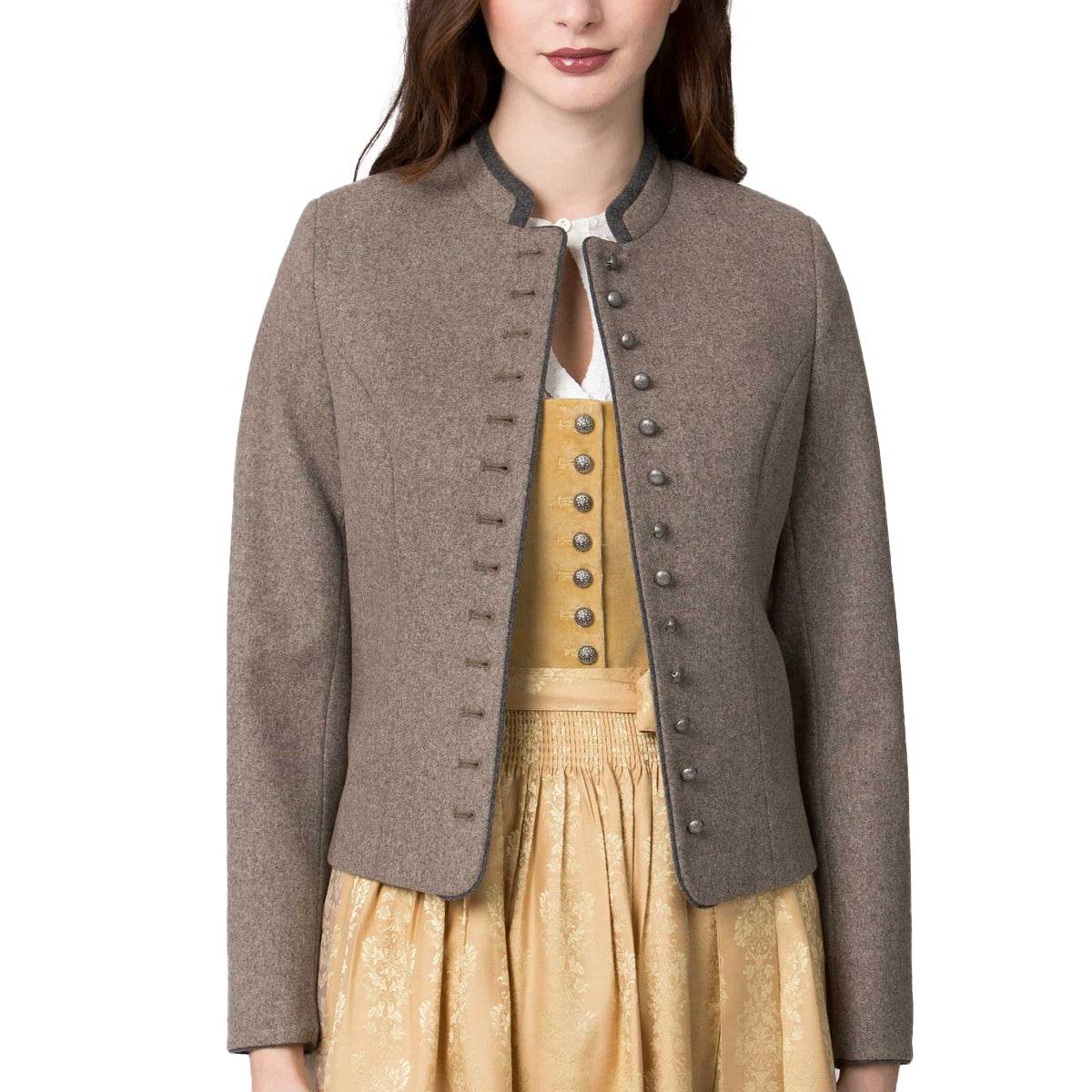 Gray button-front jacket with stand collar, visible lining and decorative front seams