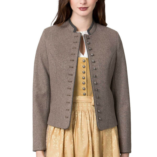 Women’s brown dirndl jacket with stand collar, button-front, long sleeves