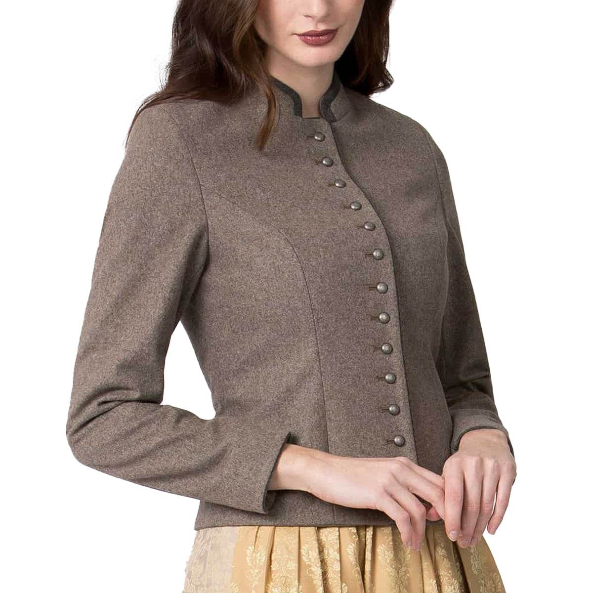 Gray button-front jacket with stand collar, long sleeves, and detailed front seams