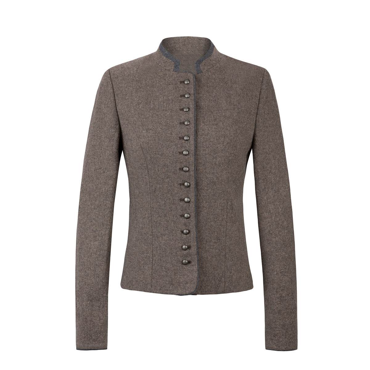 Gray women’s traditional jacket with stand collar and button-front, long sleeves