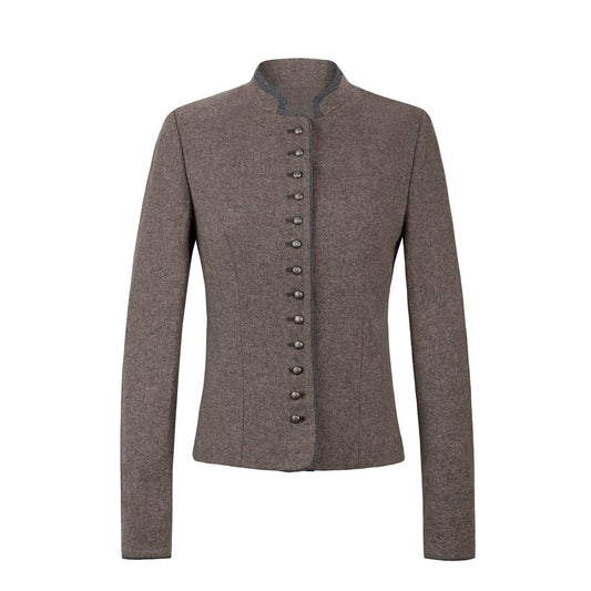 Gray women’s traditional jacket with stand collar and button-front, long sleeves