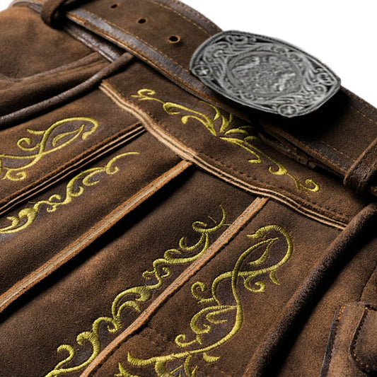 Brown leather shorts with green-gold embroidered front panels and decorative stitching