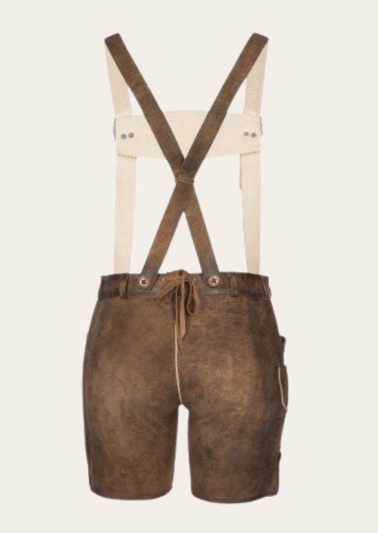 Dark brown leather shorts with crossed X-back suspenders and buttoned waistband