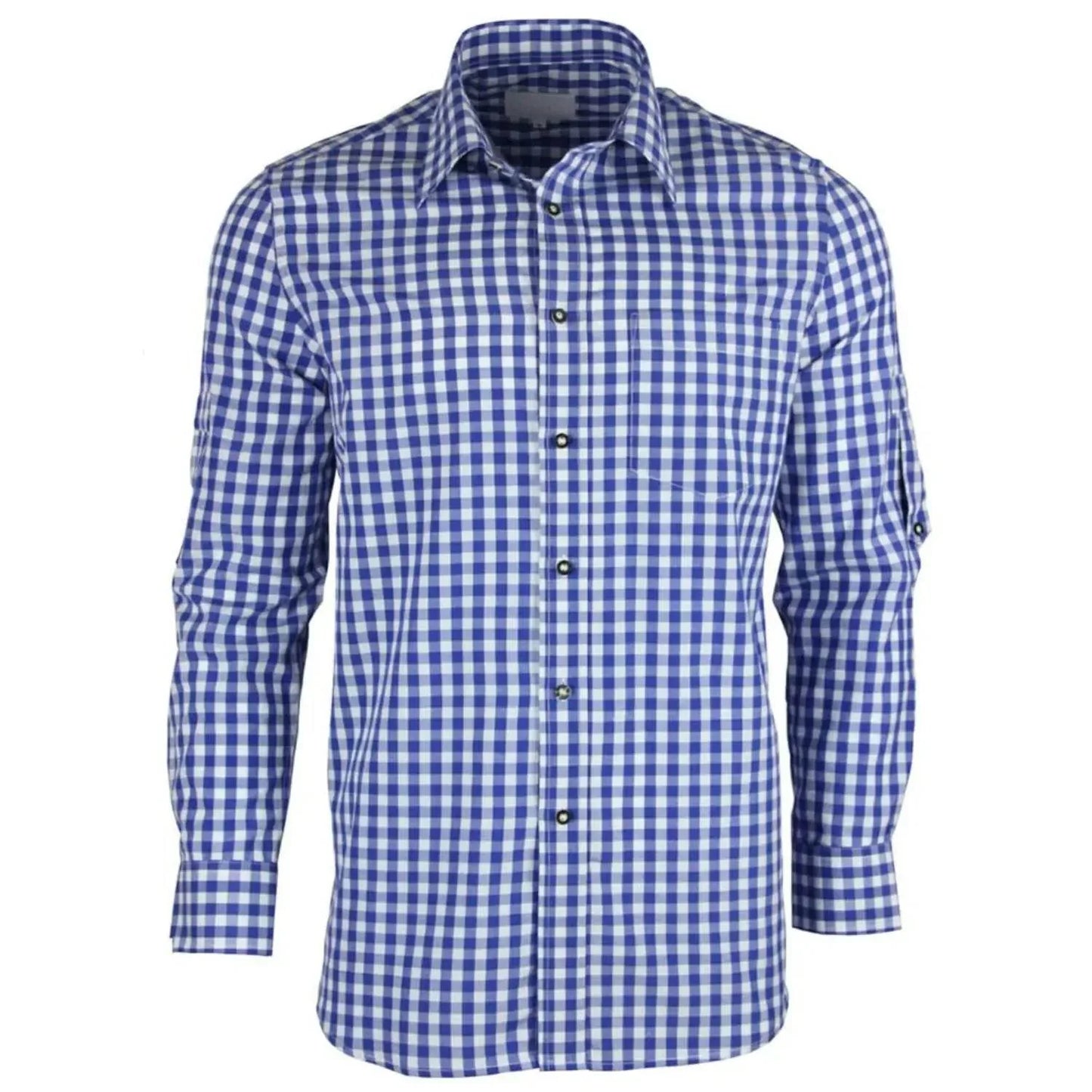 Men's blue-and-white check shirt with button front, long sleeves