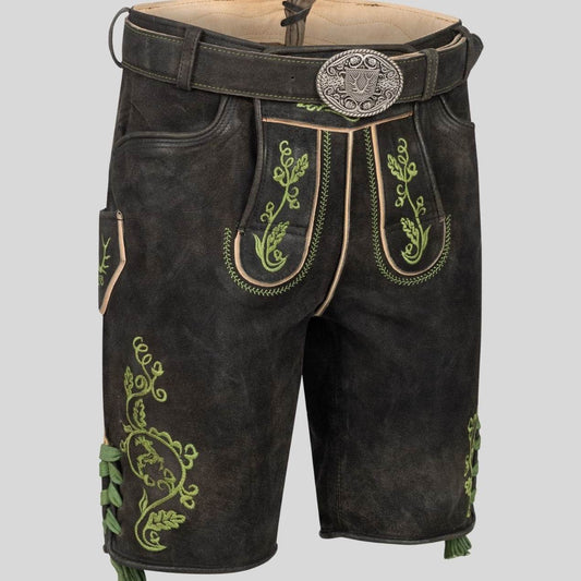Mens dark leather lederhosen shorts with green embroidery and central laced panel