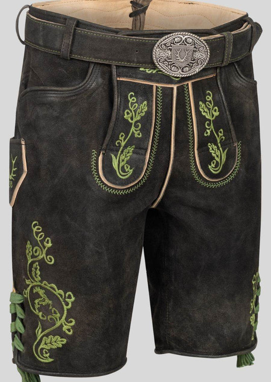 Men's dark leather lederhosen with green embroidery and silver belt buckle