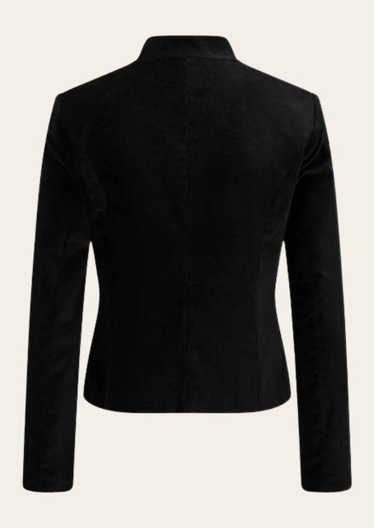 Women’s black Oktoberfest jacket with stand collar, shown from the back