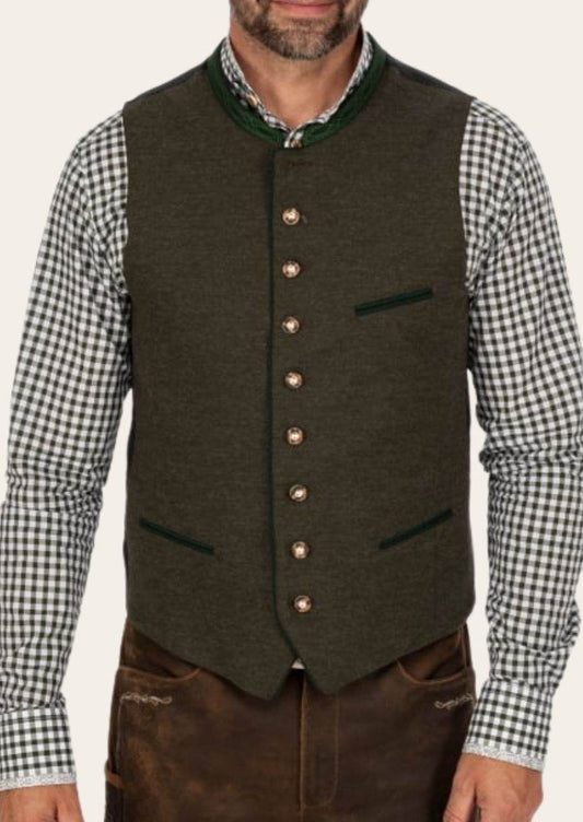 Men's traditional waistcoat in dark olive with gold buttons and green trim, worn front.