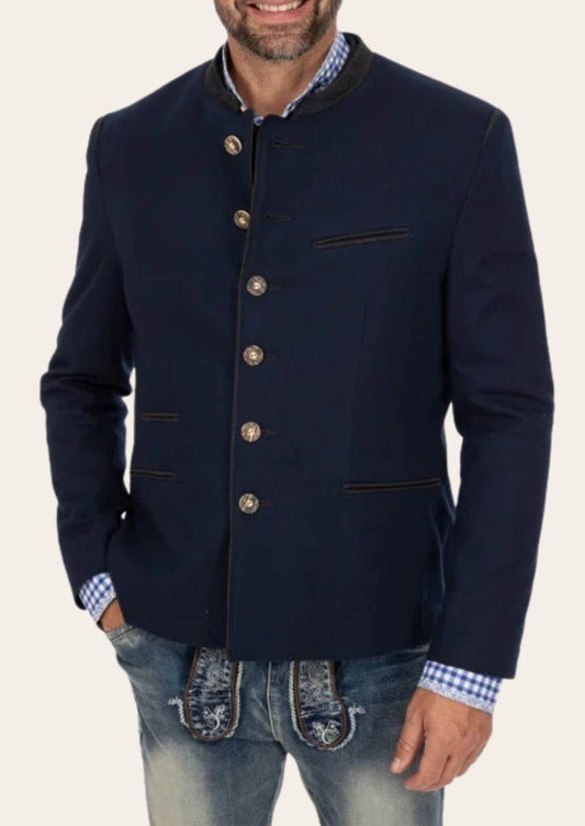 Men's dark navy traditional jacket with stand collar, button front, and chest flap pockets