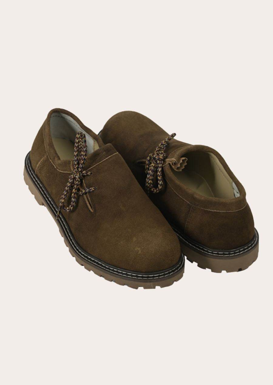 Men's brown suede lace-up traditional shoes with woven laces and rugged rubber sole
