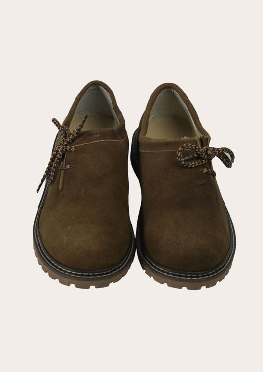 Men's brown traditional shoes, suede upper with woven tie laces and thick sole
