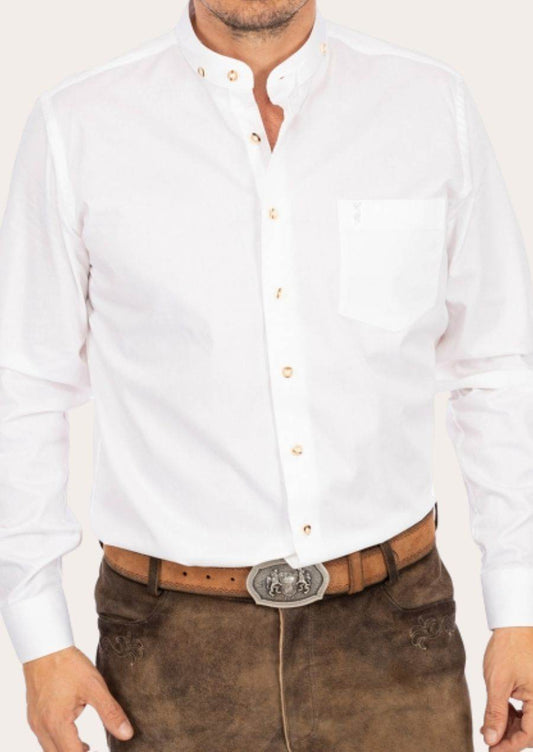 Men's traditional white janker shirt with gold buttons and chest pocket