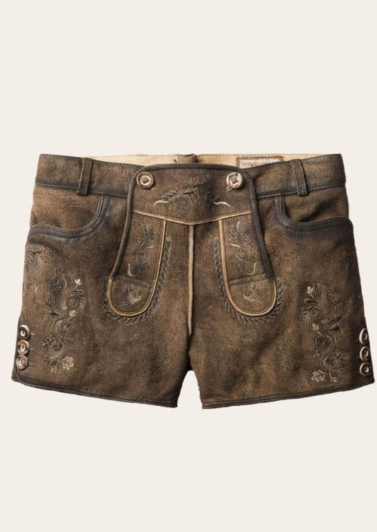 Kurze Damen Lederhose in Dunkelbraun mit Hirschmotiv - Lederhose Herren