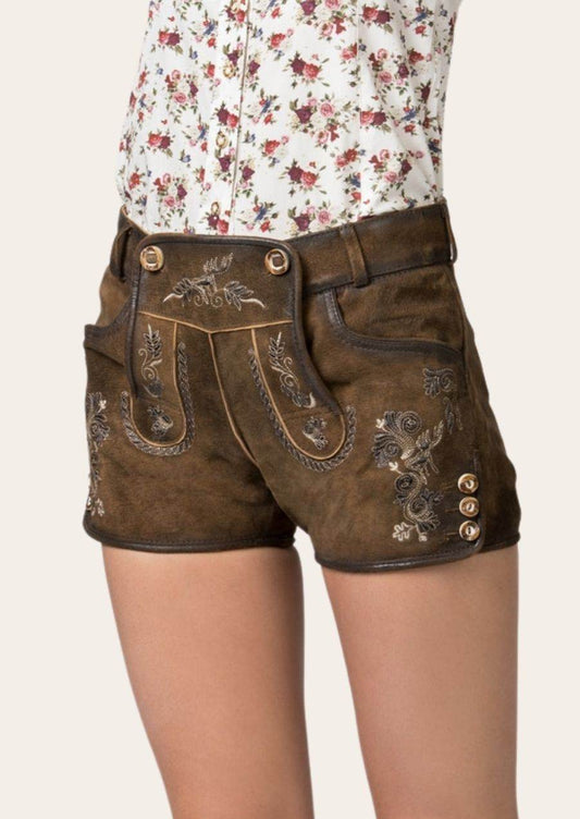 Dark brown leather lederhosen shorts with decorative panel embroidery and snap buttons