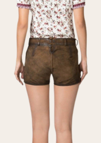 Kurze Damen Lederhose in Dunkelbraun mit Hirschmotiv - Lederhose Herren